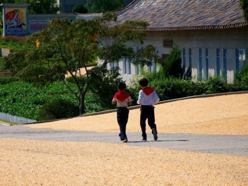 North Korean school children crossing a street