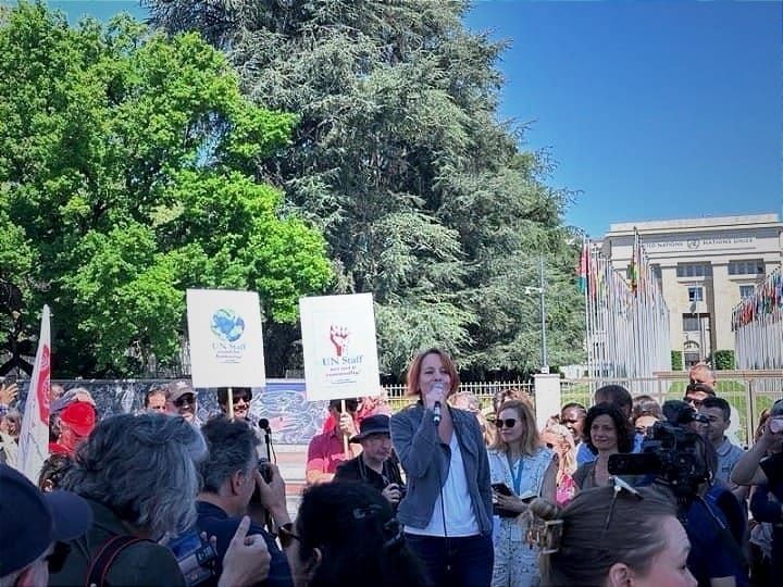 On May 1, U.N. staff protest deep cuts to jobs and humanitarian programs. 