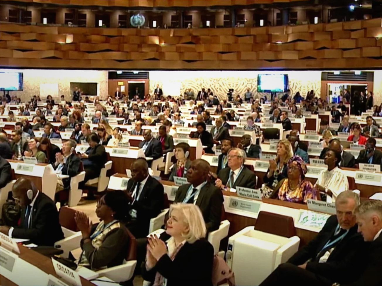 World Health Assembly delegates meeting in the Palais des Nations.
