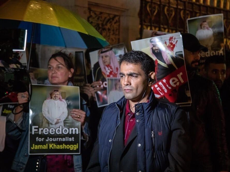 Protest outside London's Natural History Museum where the Saudis held a celebration