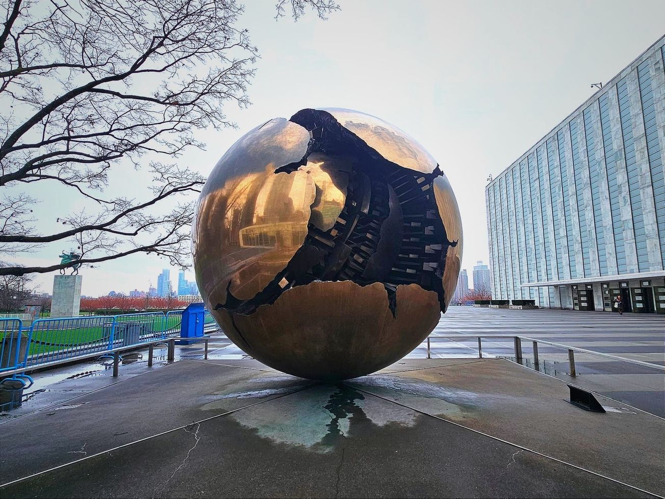 The Sphere Within Sphere bronze sculpture outside U.N. headquarters in New York symbolizes the emergence of a new world from the old.