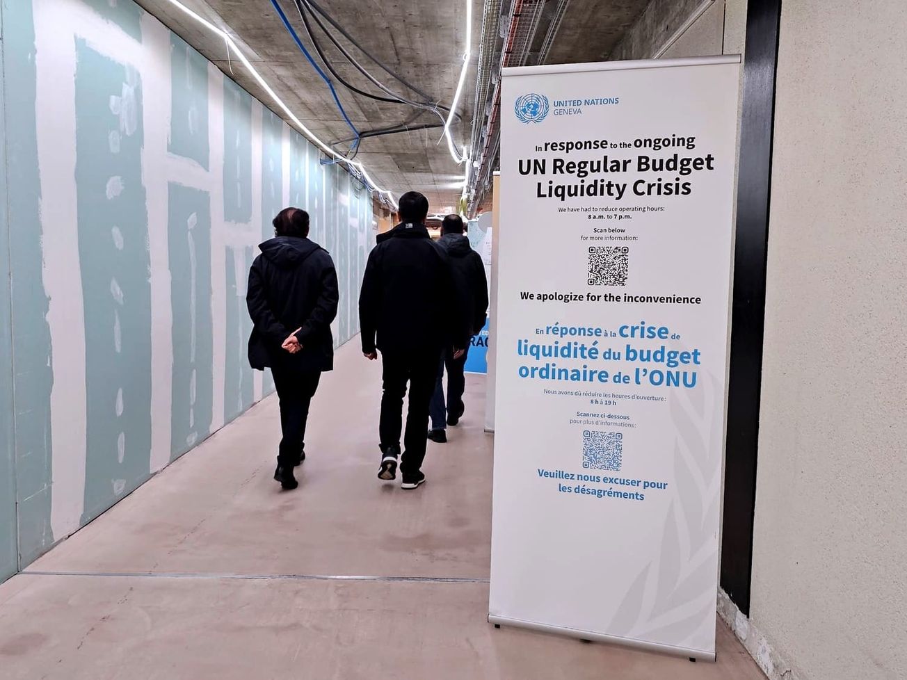 A sign of the times in the U.N.'s European headquarters at Geneva's Palais des Nations.