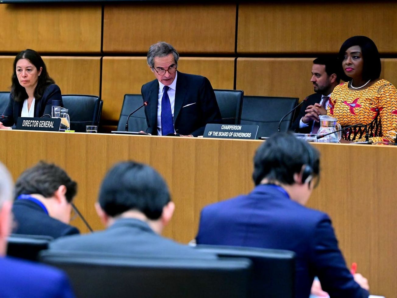 IAEA chief Rafael Mariano Grossi speaks at the board meeting in Vienna.