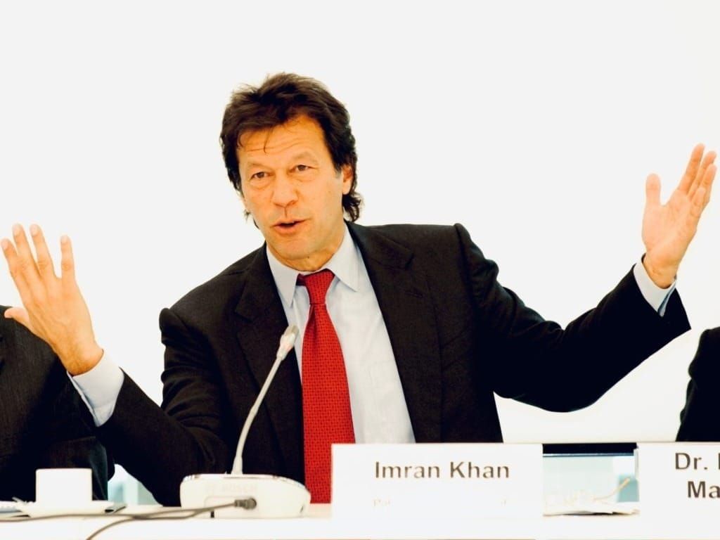Imran Khan speaks to a conference at the Heinrich Böll Foundation in Berlin