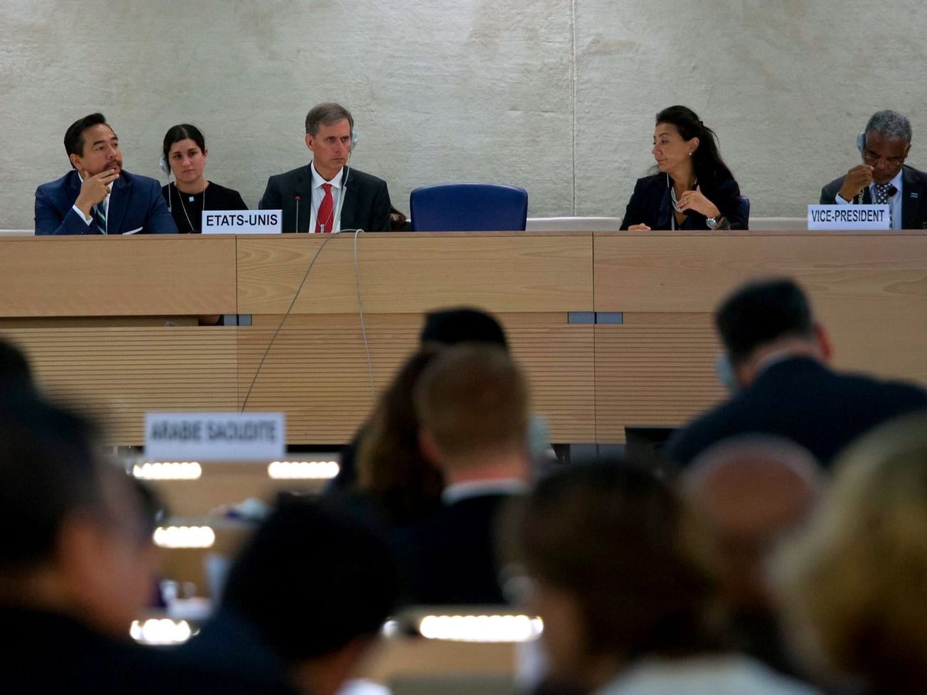 U.S. officials take part in the U.N. Human Rights Council's adoption of a final report on the United States' human rights record in Sept. 2015. 