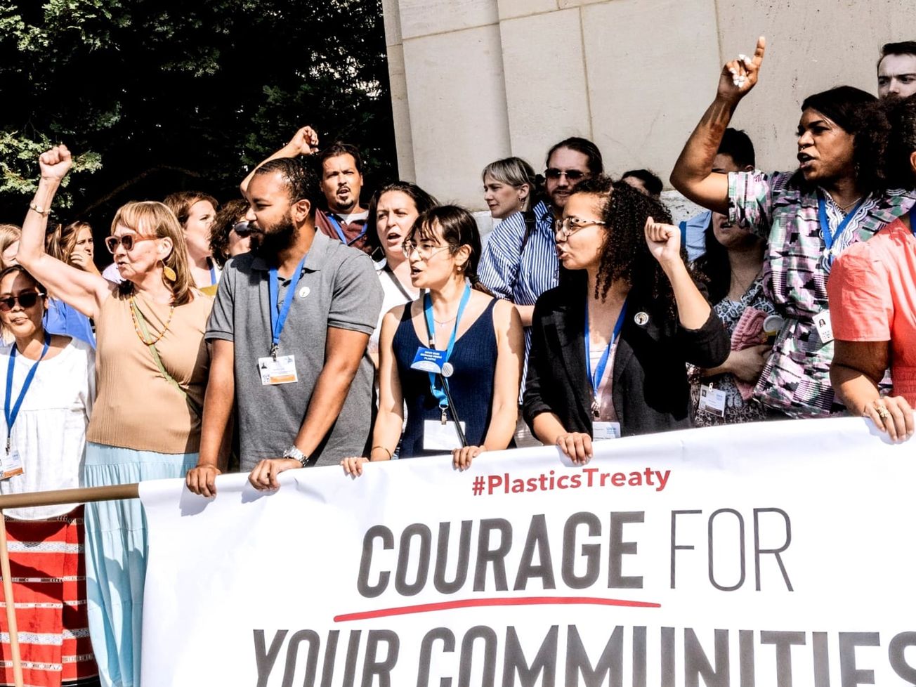 Demonstrators with the Break Free From Plastic global movement demand a strong global plastics treaty in Geneva. 