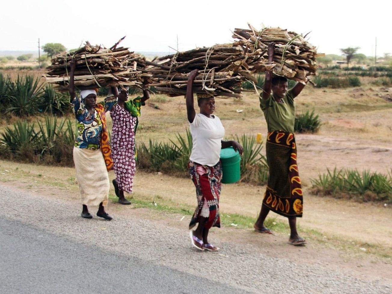 Women in East Africa carrying heavy wood piles on a road where men typically walk unencumbered or drive carts