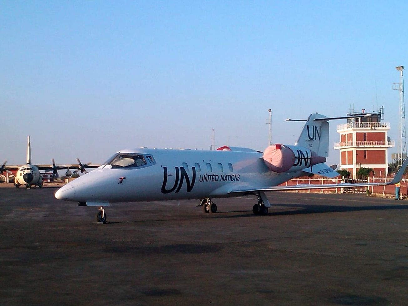 A U.N. Learjet in El Fasher, where a drone strike on a mosque during morning prayers killed dozens of people. 