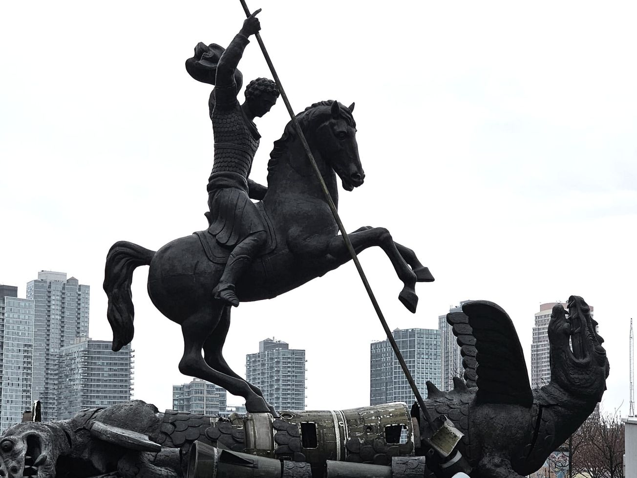 The sculpture on U.N. grounds, "Good Defeats Evil," depicts Saint George on horseback slaying a dragon made from fragments of actual U.S. and Soviet missiles.