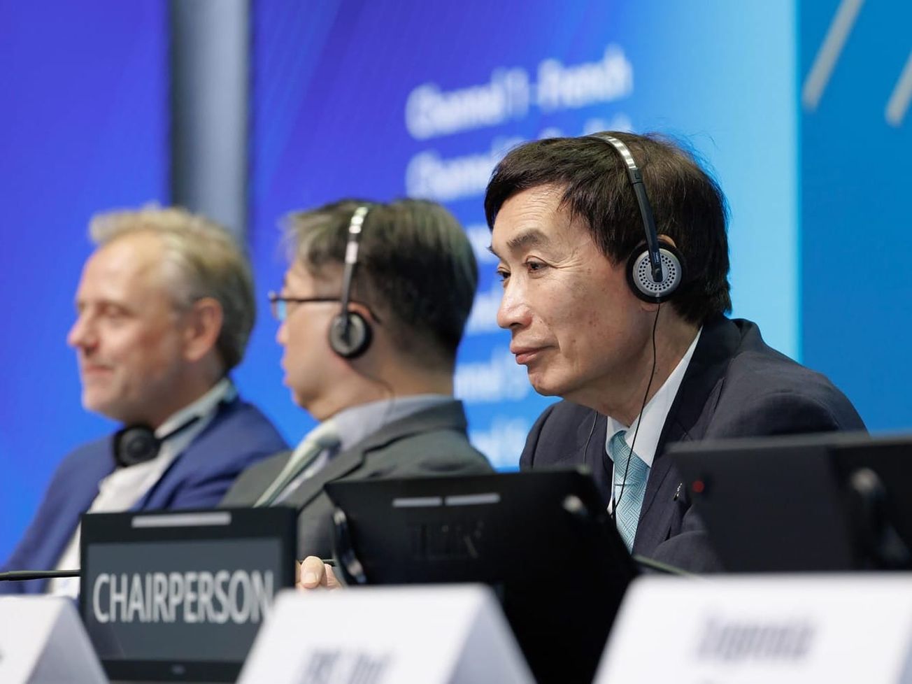 Masahiko Metoki, director general of the Universal Postal Union, at far right, presides over the opening of the Universal Postal Union’s quadrennial Congress in Dubai. 