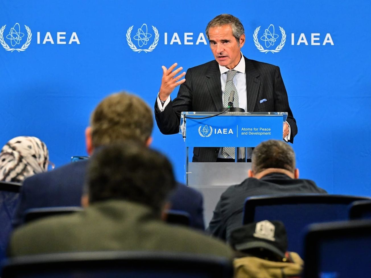 IAEA Director General Rafael Mariano Grossi briefs the international press about Iran at the 1777th Board of Governors meeting in Vienna. 