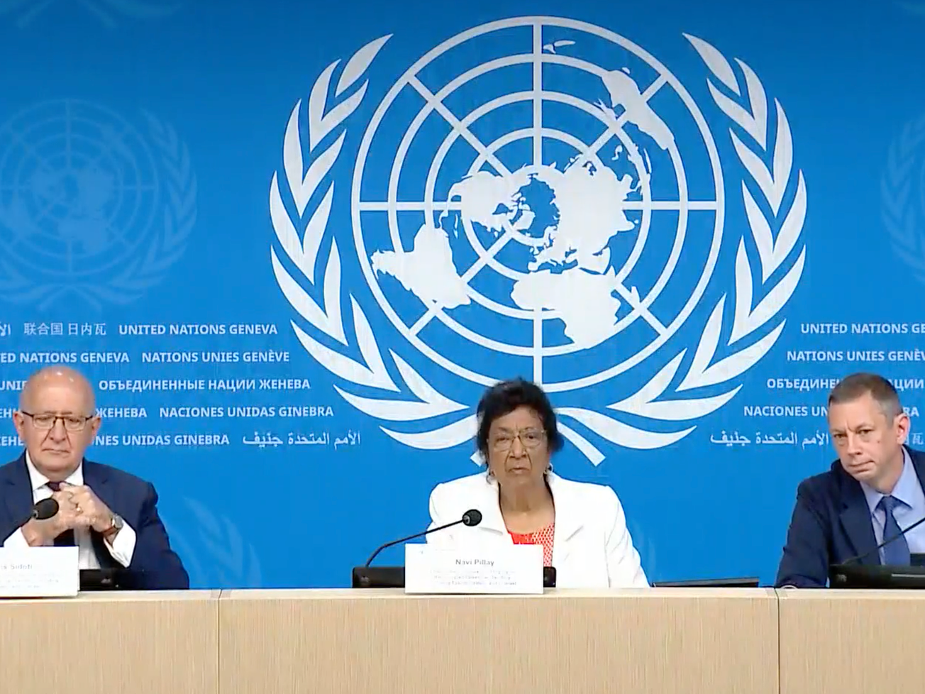 Members of the U.N. Independent International Commission of Inquiry, led by Navi Pillay, center, speak to reporters about their genocide findings in Gaza.