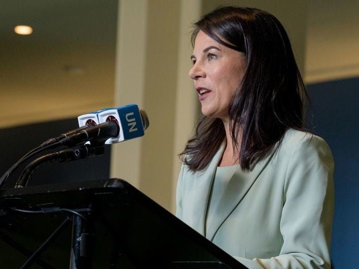 The new UNGA president speaks to reporters outside the assembly hall. 