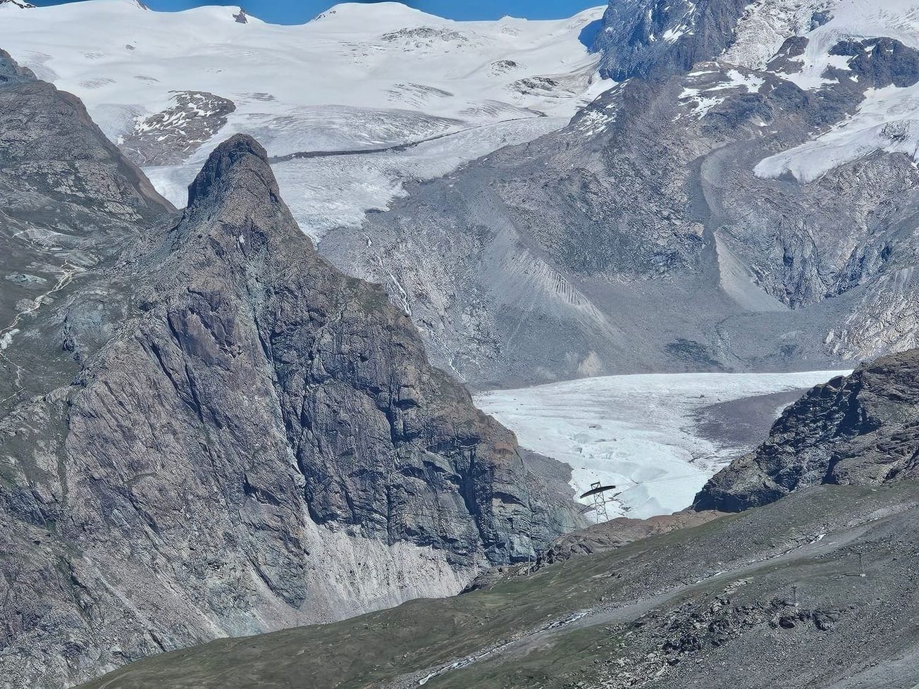 Gorner Glacier above Zermatt has retreated nearly 3 kilometers since the late 19th century.