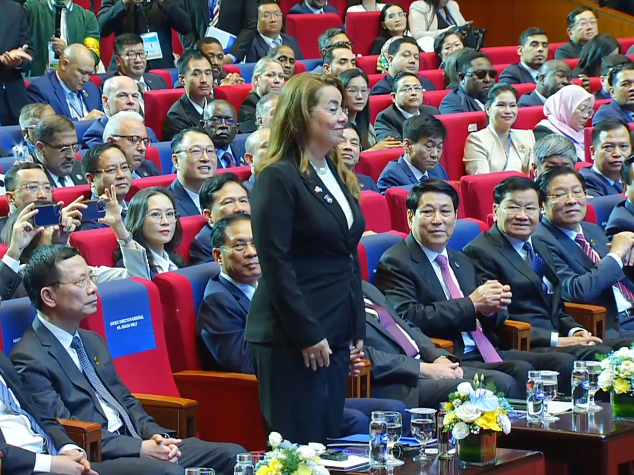 Senior officials, diplomats, and experts recognize Ghada Waly, who heads the U.N. Office on Drugs and Crime, or UNODC, and the U.N. Office at Vienna.