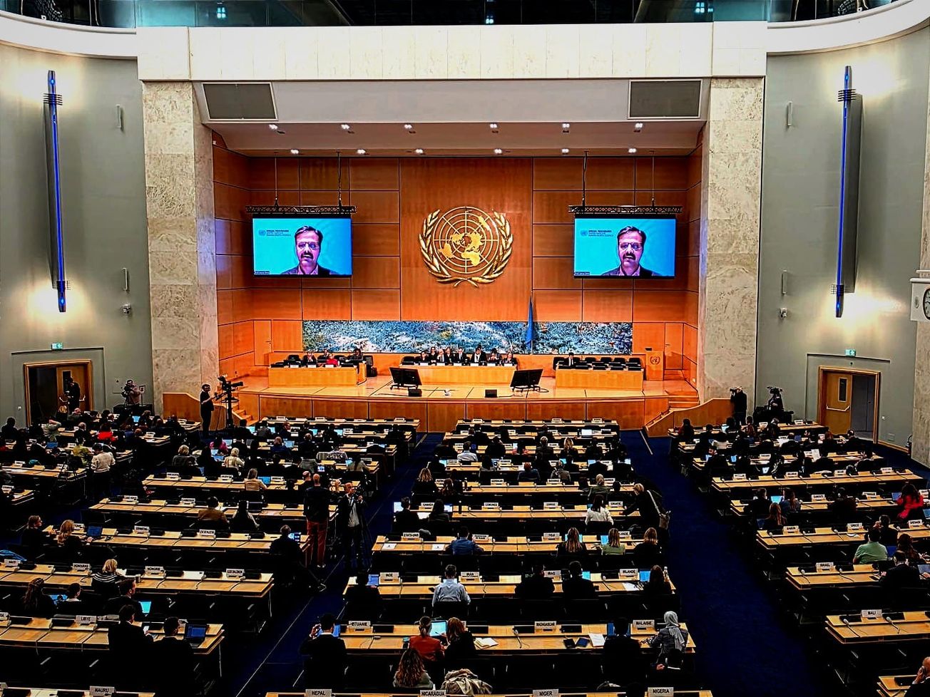 Surya Deva, chair of the coordination committee of the special procedures of the U.N. Human Rights Council, delivers a video statement.