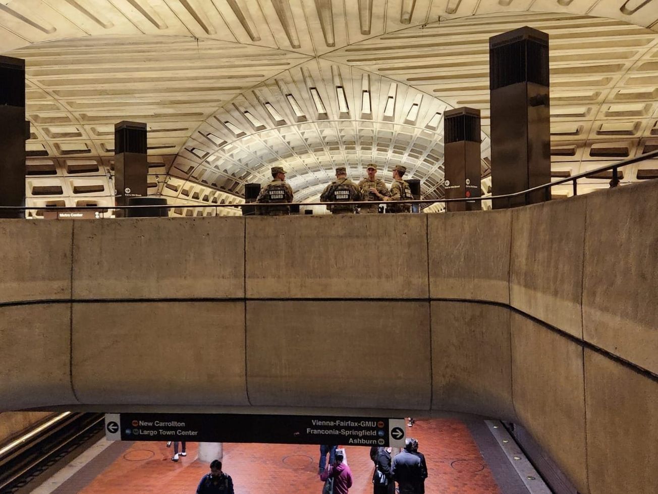 National Guard troops patrol the Metro Center station of the Washington Metro. 
