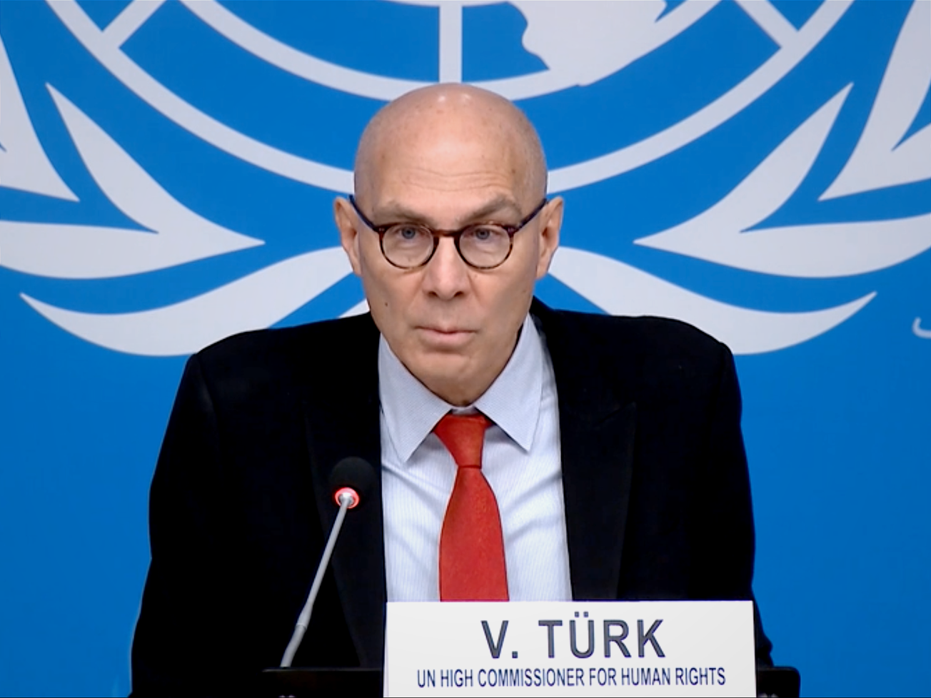 U.N. human rights chief Volker Türk addresses reporters in Geneva.