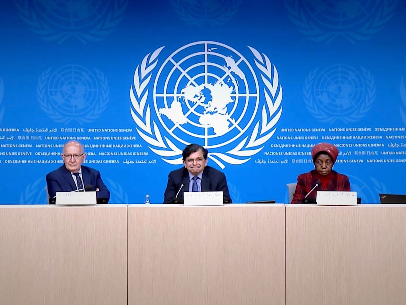 Members of the U.N. commission investigating Gaza — Chris Sidoti, Srinivasan Muralidhar and Florence Mumba, from left to right  — meet with reporters in Geneva. 