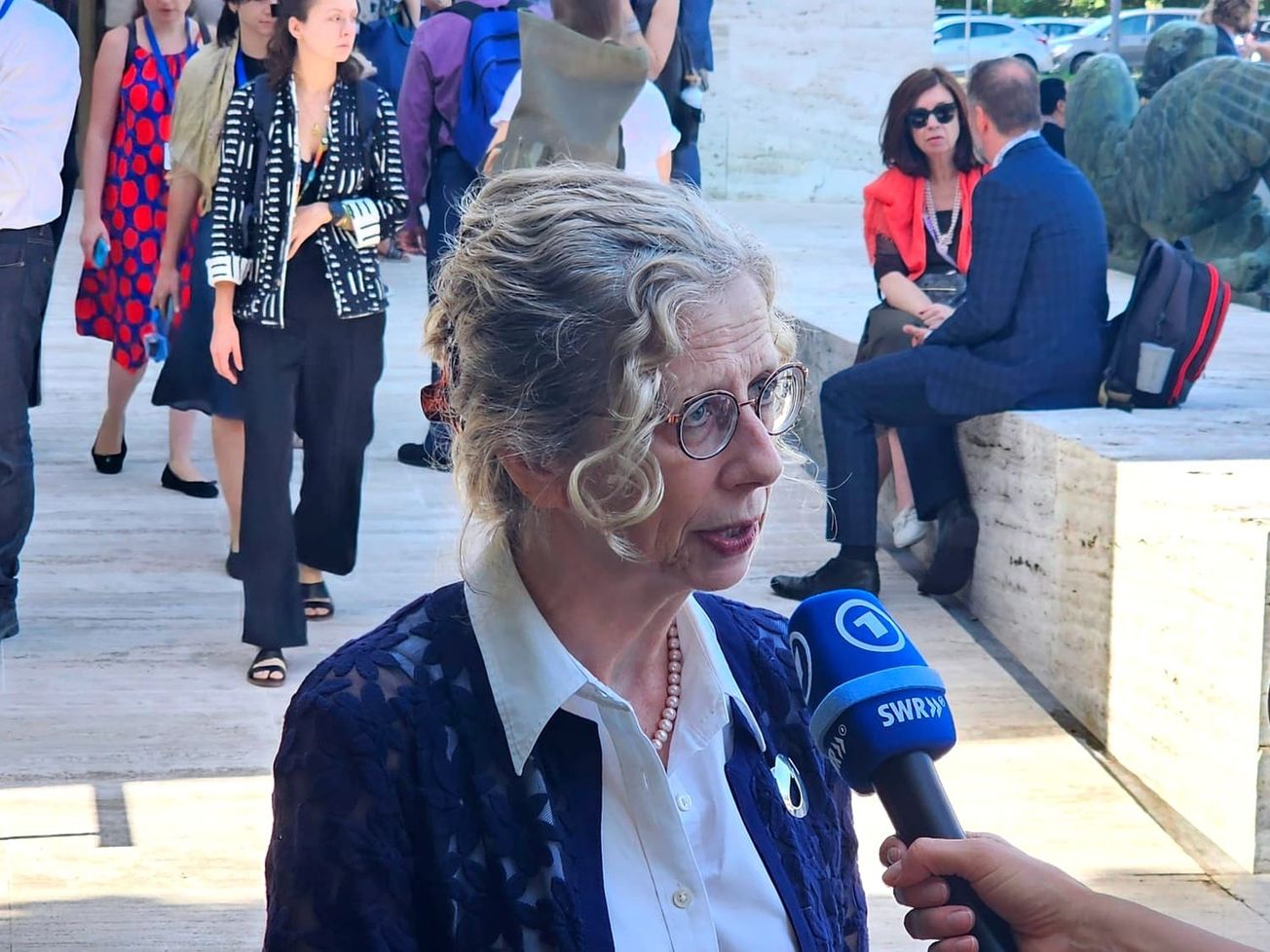UNEP Executive Director Inger Andersen is interviewed at the end of the last round of plastic treaty talks outside the United Nations in Geneva.