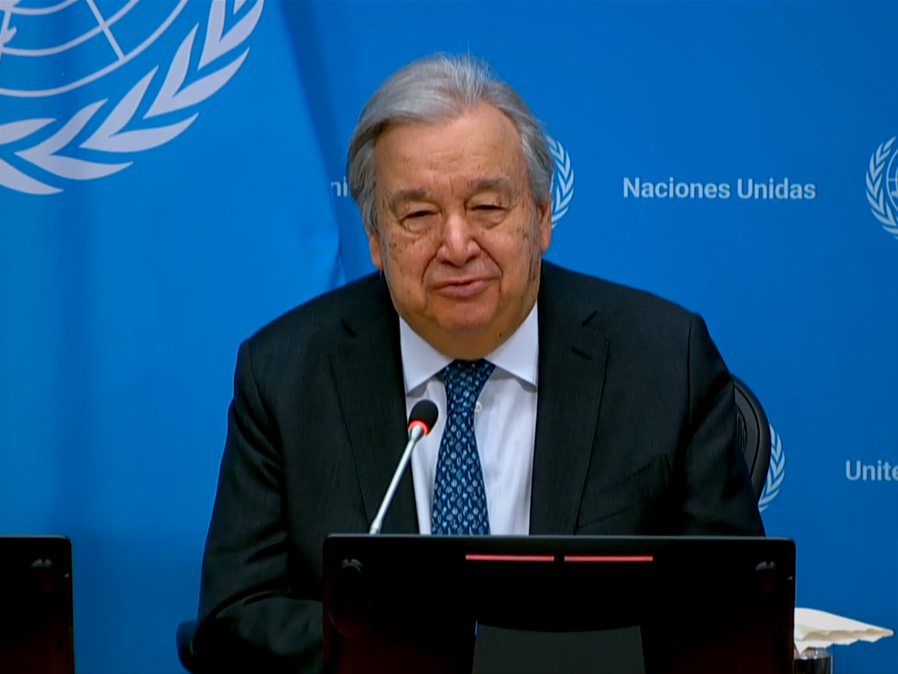 U.N. Secretary-General António Guterres speaks to reporters in New York. 
