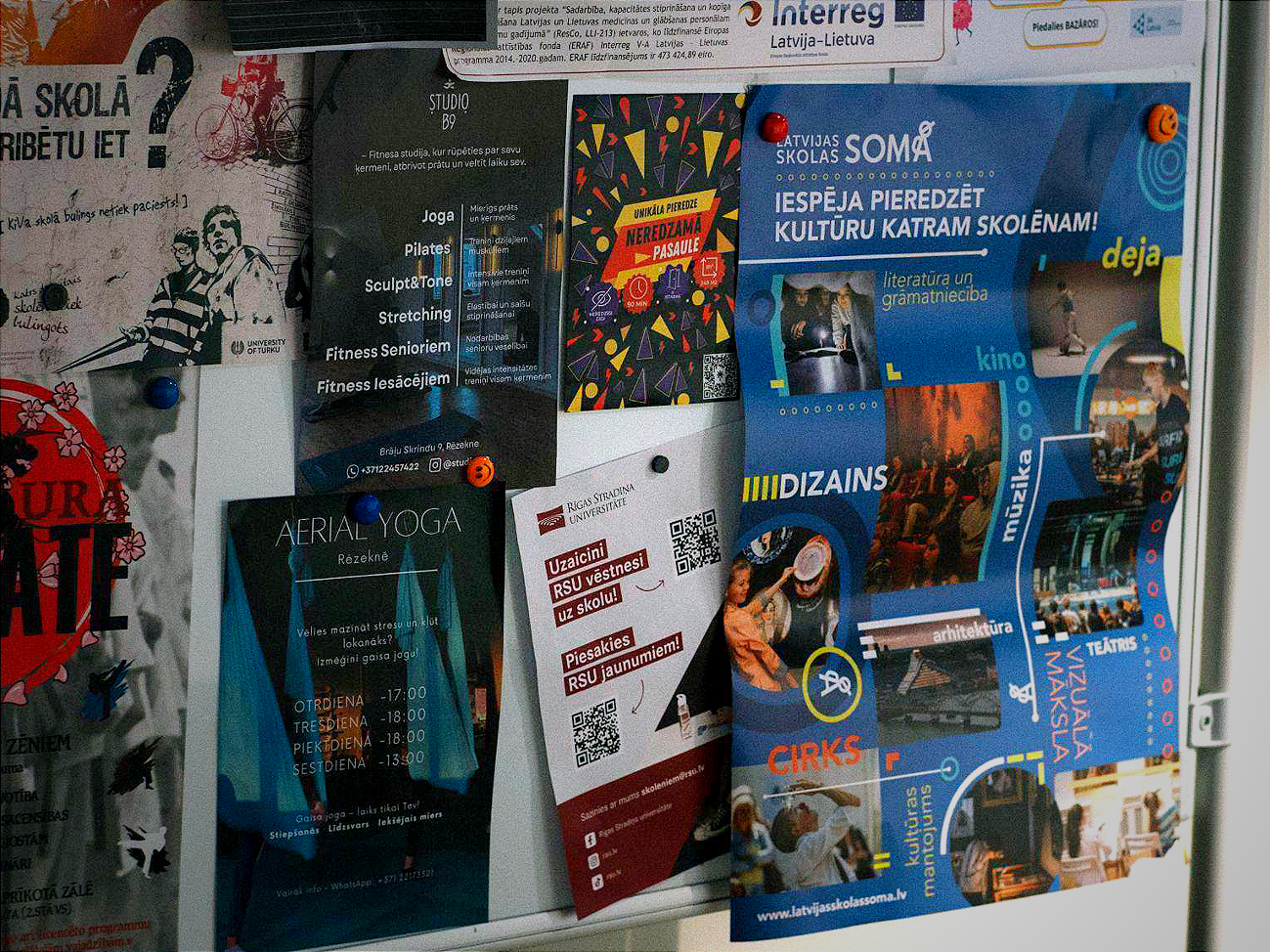 A bulletin board for Latvian students inside Rēzekne State Gymnasium No. 1 reflects a recent push to enforce the spread of Latvian language and culture.