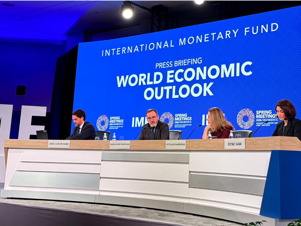 International Monetary Fund moderators, directors and staff brief the press on the release of the World Economic Outlook in Washington. 