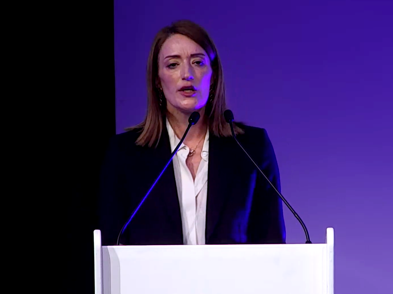 Roberta Metsola, who was elected president of the European Parliament in January 2022, delivers the keynote speech at the E.U.-U.K. Forum on April 16, 2026.