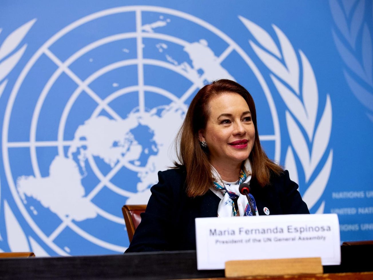 María Fernanda Espinosa Garcés speaks as president of the U.N. General Assembly during a press conference at Geneva in 2018.