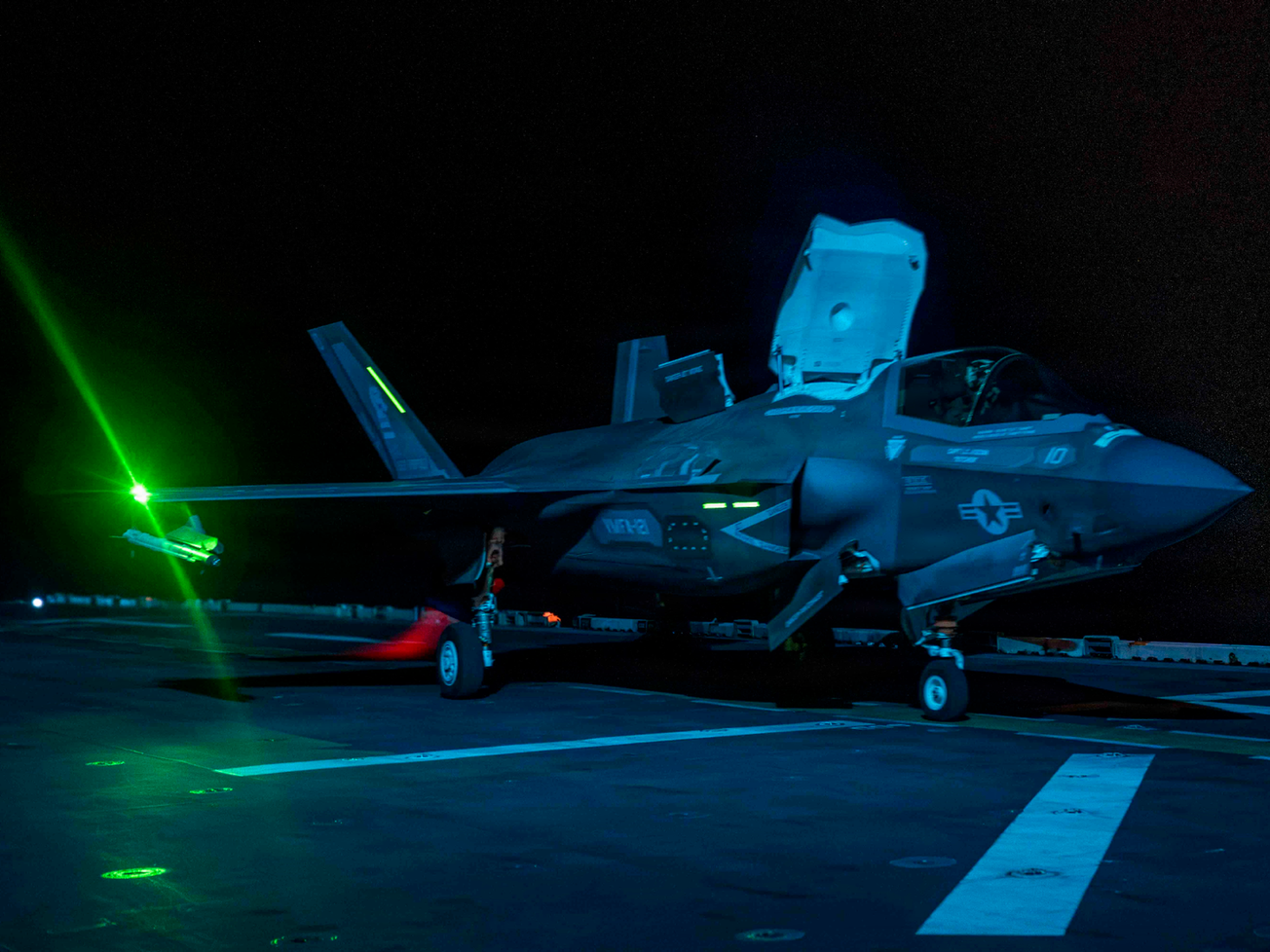 An F-35B Lighting II takes off from the flight deck of the USS Tripoli on May 11, 2026 for operations in the Middle East.