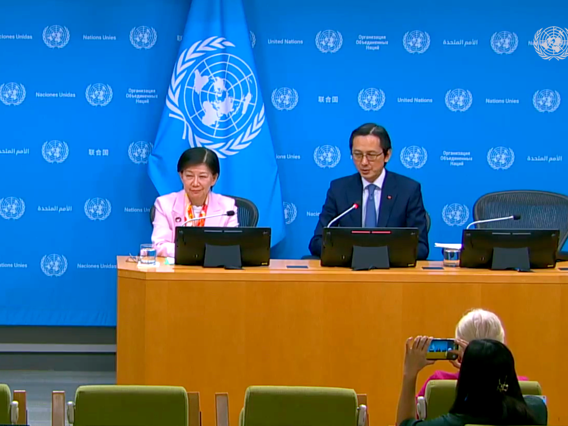 The U.N.'s Izumi Nakamitsu, left, and Vietnam's U.N. Ambassador Do Hung Viet speak to reporters about the NPT Review Conference ending with no plan for disarmament.