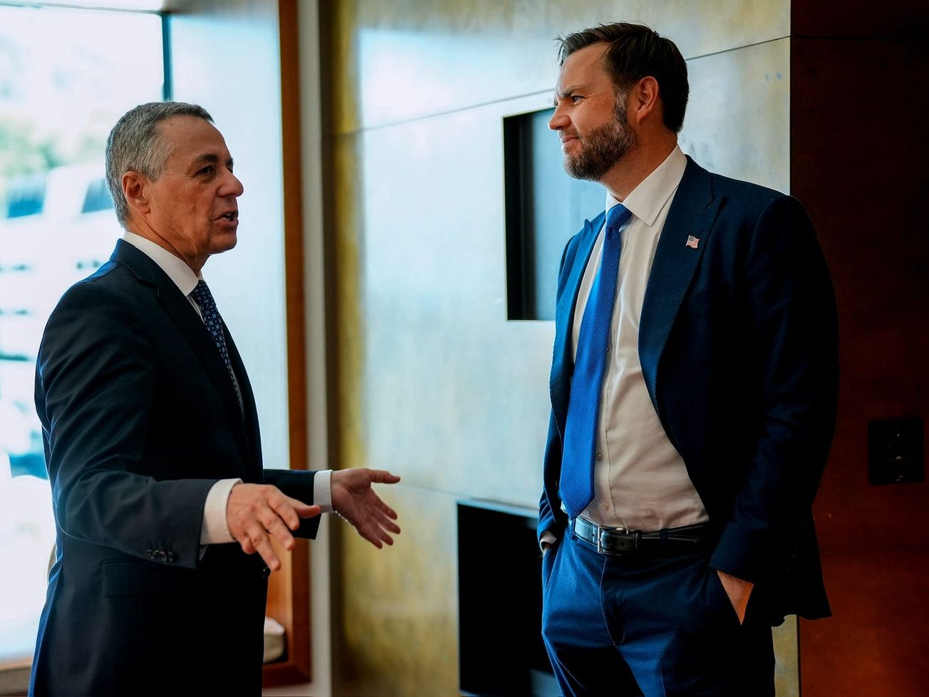 A bilateral meeting between Swiss Foreign Minister Ignazio Cassis, left, and U.S. Vice President JD Vance, on June 21, 2026, at the Bürgenstock resort in Switzerland.