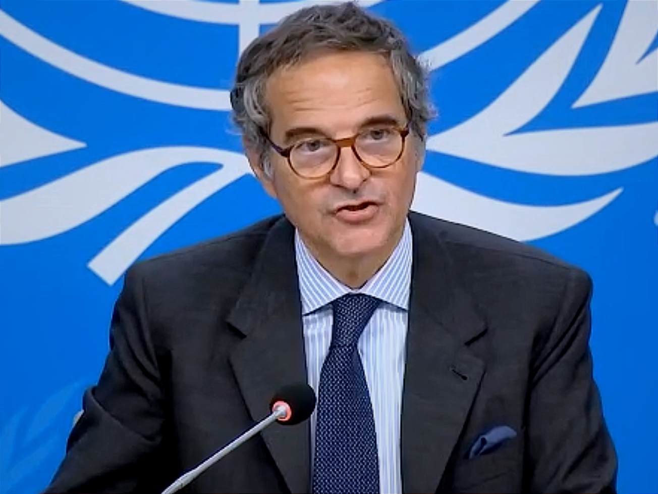 IAEA chief Rafael Mariano Grossi fields questions from reporters.