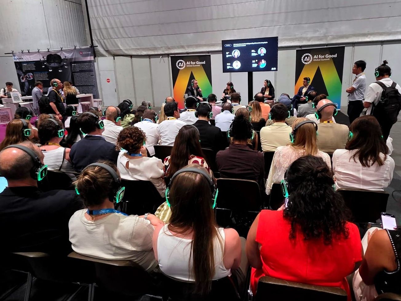 Participants listen to a talk at The AI for Good Global Summit 2026, led by ITU, in Geneva on July 7, 2026. 
