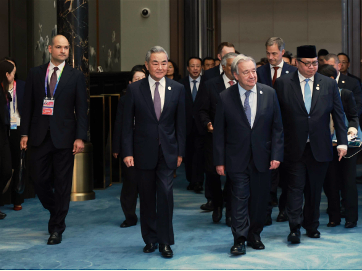 China's Foreign Minister Wang Yi, second from left, and U.N. Secretary-General António Guterres, second from right.