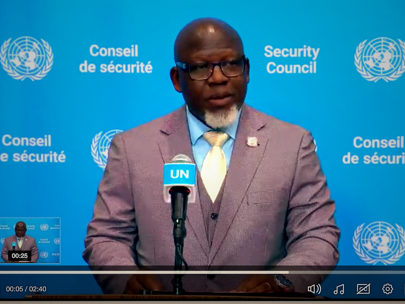Congo's U.N. Ambassador Zénon Mukongo Ngay, serving as this month's Council president, speaks to reporters after the straw poll vote on July 30, 2026.