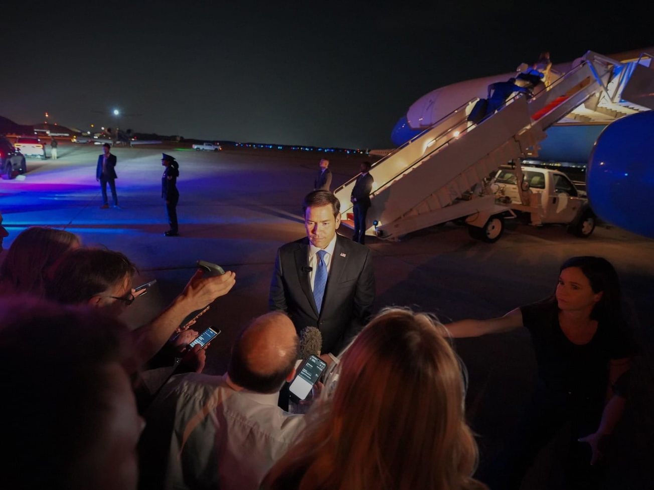 U.S. Secretary of States Marco Rubio speaks to reporters before departing from Joint Base Andrews in Camp Springs, Maryland.