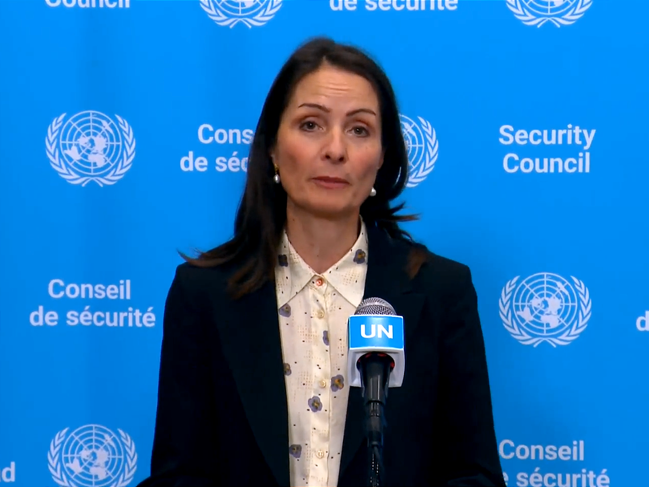 Denmark's U.N. Ambassador Christina Markus Lassen, who serves as president of the Security Council for August, briefly addresses reporters about the election for the next UN. secretary-genera