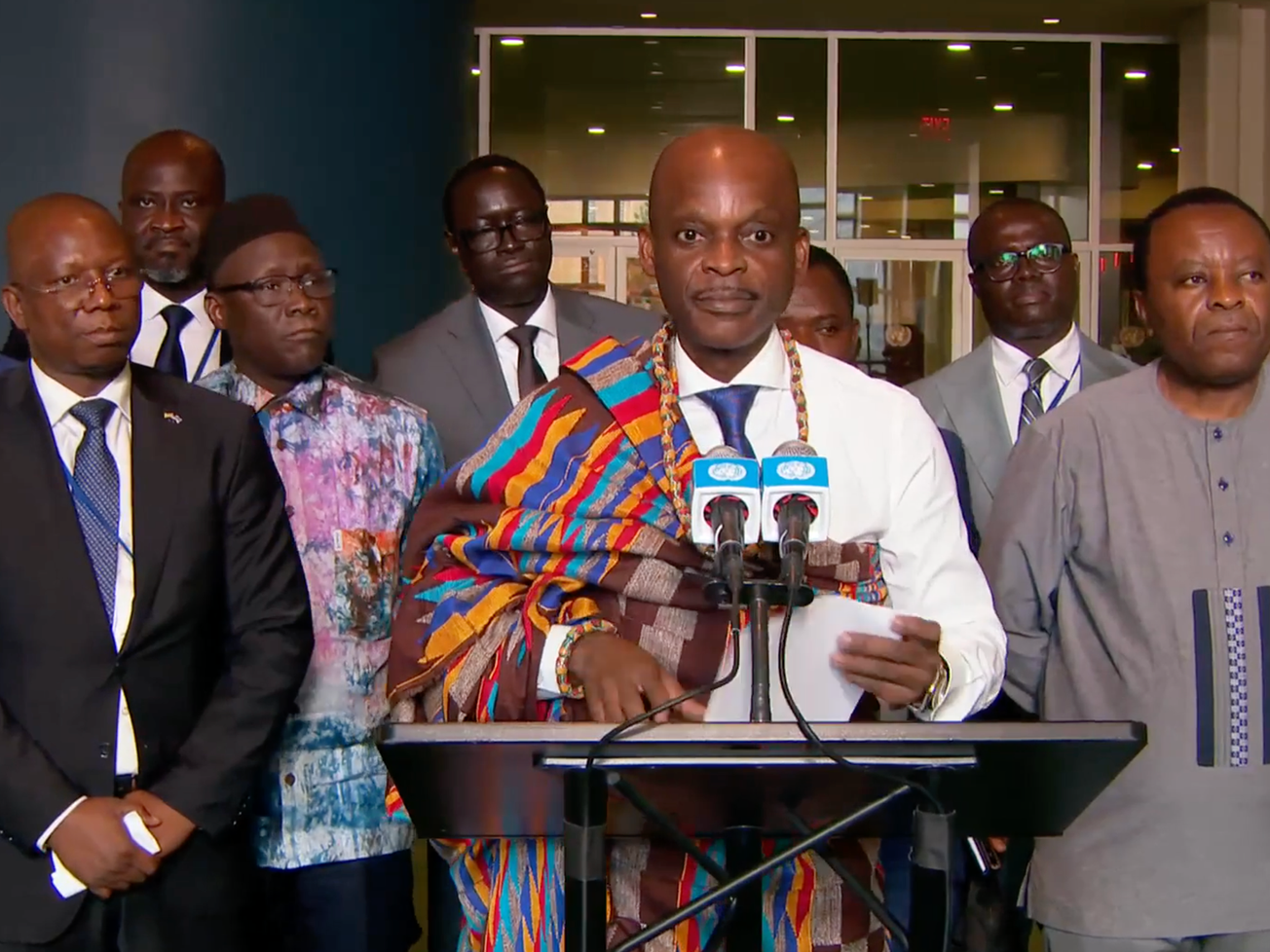 Togo's Foreign Minister Robert Dussey speaks to reporters about the African-led map initiative at the United Nations on Sept. 4, 2026. 