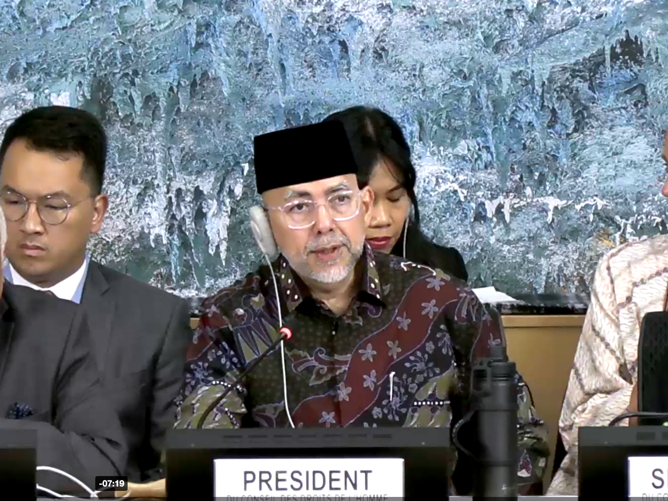 Indonesian U.N. Ambassador Sidharto Reza Suryodipuro presides over the opening of the Human Rights Council's latest session in Geneva on Sept. 7, 2026.