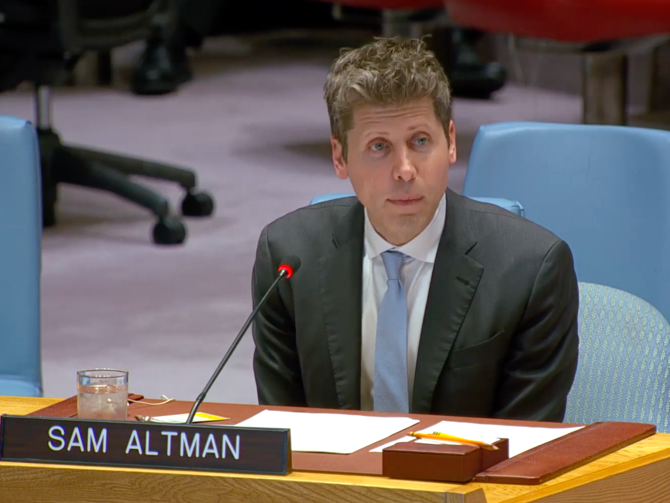 OpenAI CEO Sam Altman speaks to the United Nations Security Council on Sept. 23, 2026, about the rapid advancement and adoption of artificial intelligence.