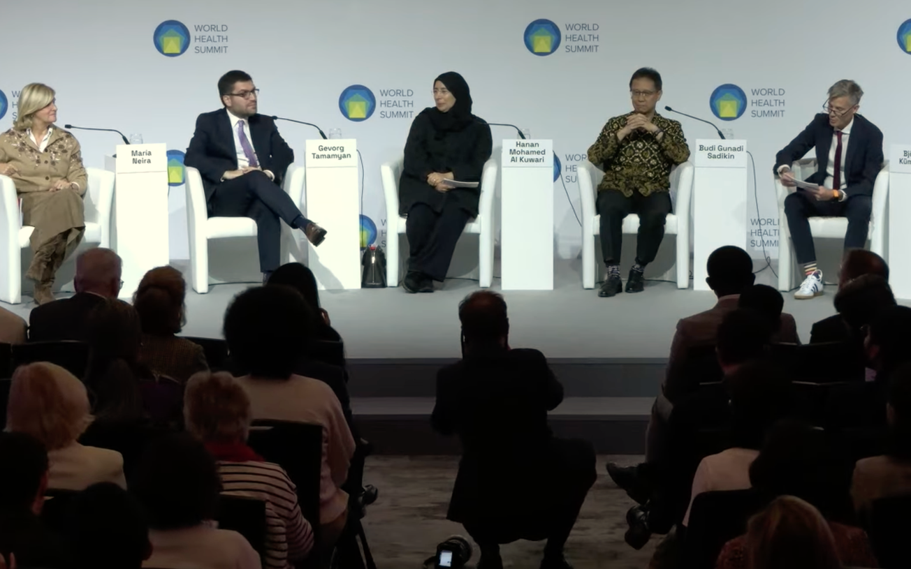 Four of the seven people vying to become the World Health Organization's next director-general speak at the World Health Summit in Berlin on October 11, 2026.  