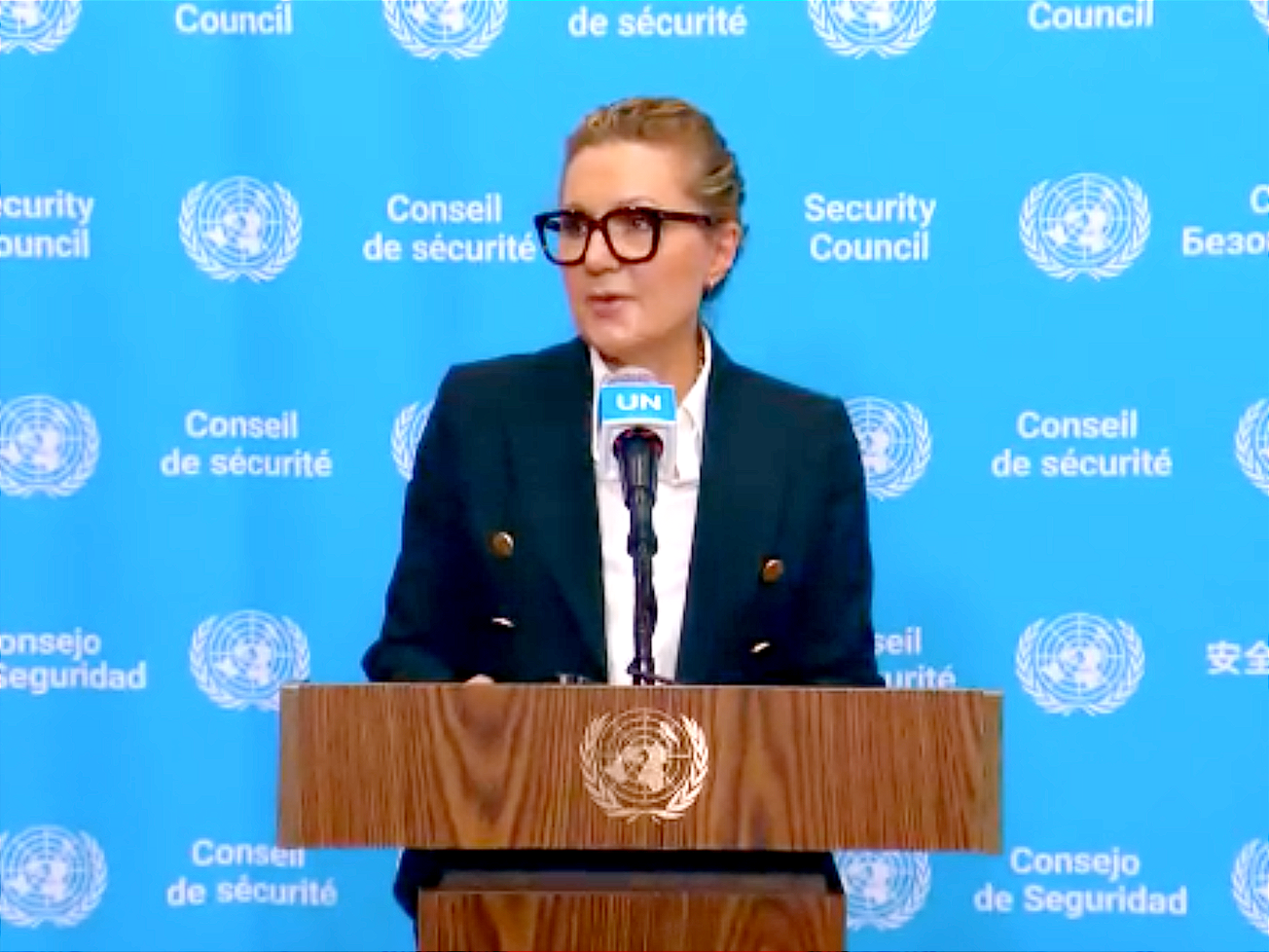 Greece's U.N. Ambassador Aglaia Balta speaks to reporters at U.N. headquarters in New York on October 16, 2026.