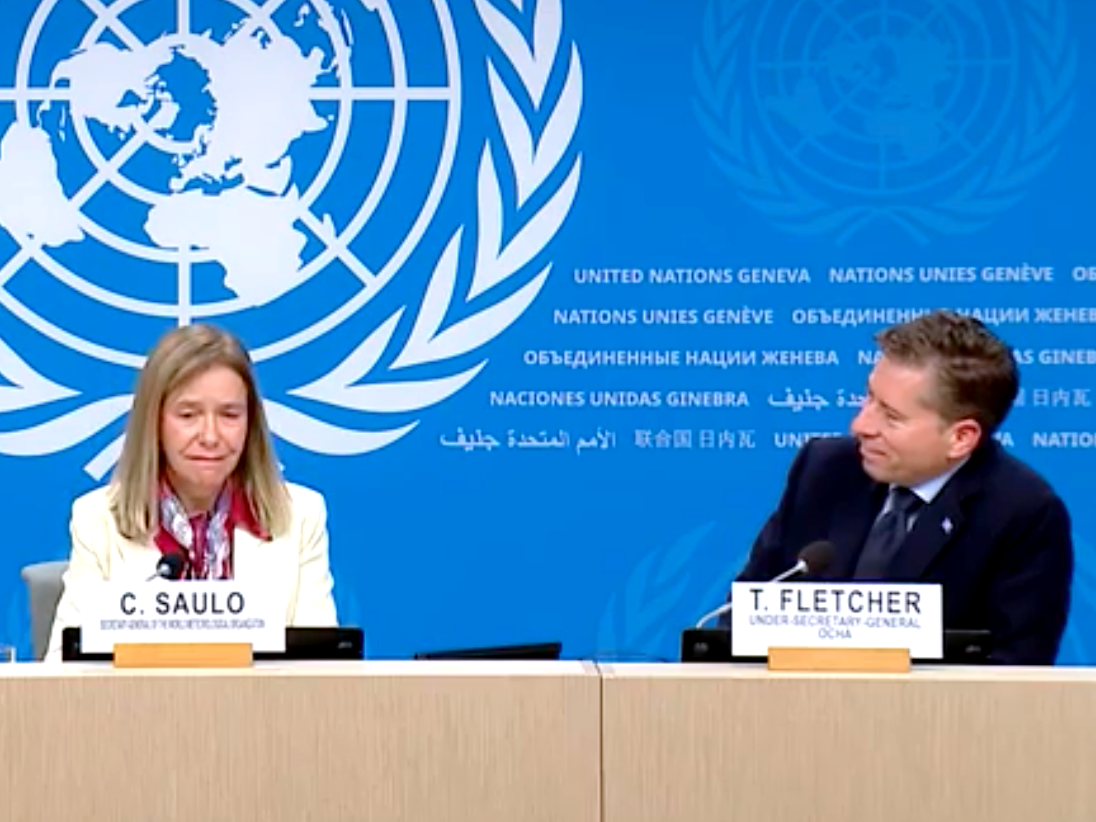 Celeste Saulo, secretary-general of the World Meteorological Organization, and Tom Fletcher, U.N. undersecretary-general for humanitarian affairs and emergency relief coordinator, speak to re
