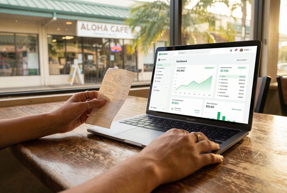 Hawaii small business owner reviewing accurate financial records on a laptop at a clean wooden desk with natural light