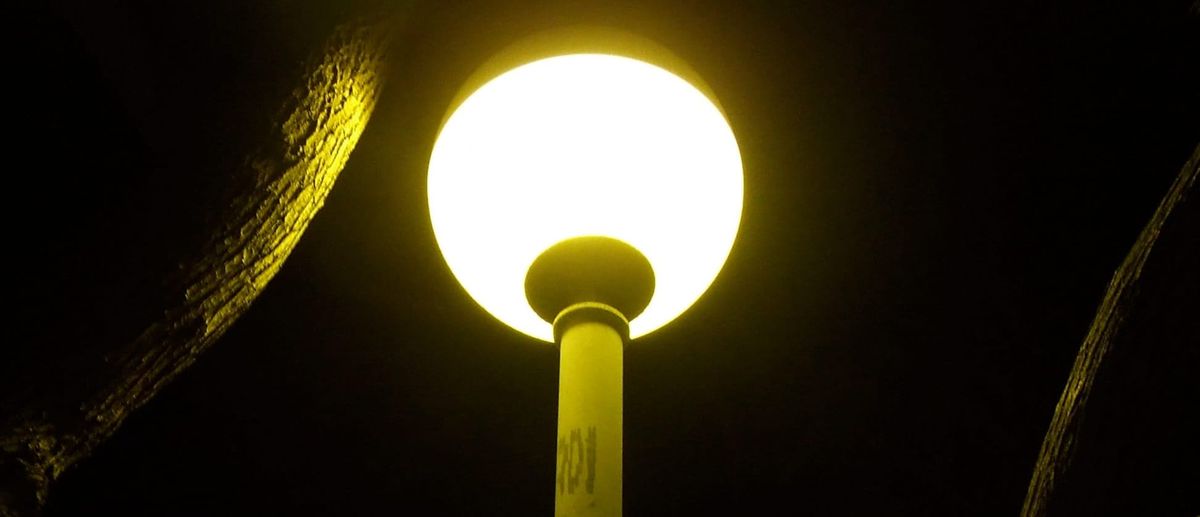 Fotografia, de nit, d'un fanal de forma esfèrica il·luminant molt feblement les siluetes de les branques dels arbres que té al voltant.