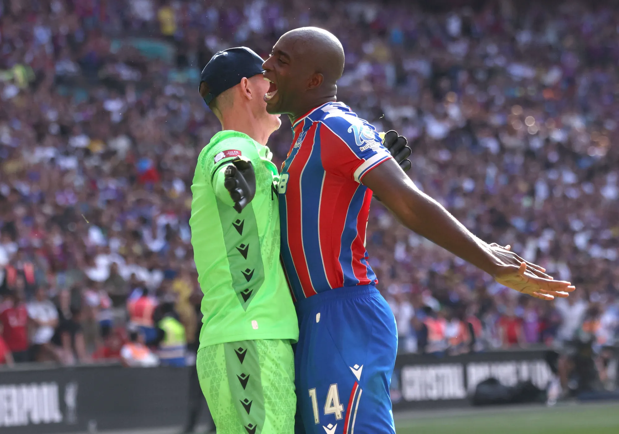 Jean-Philippe Mateta and Dean Henderson celebrate after the penalty shoot-out victory against Liverpool in the FA Cup final at Wembley Stadium