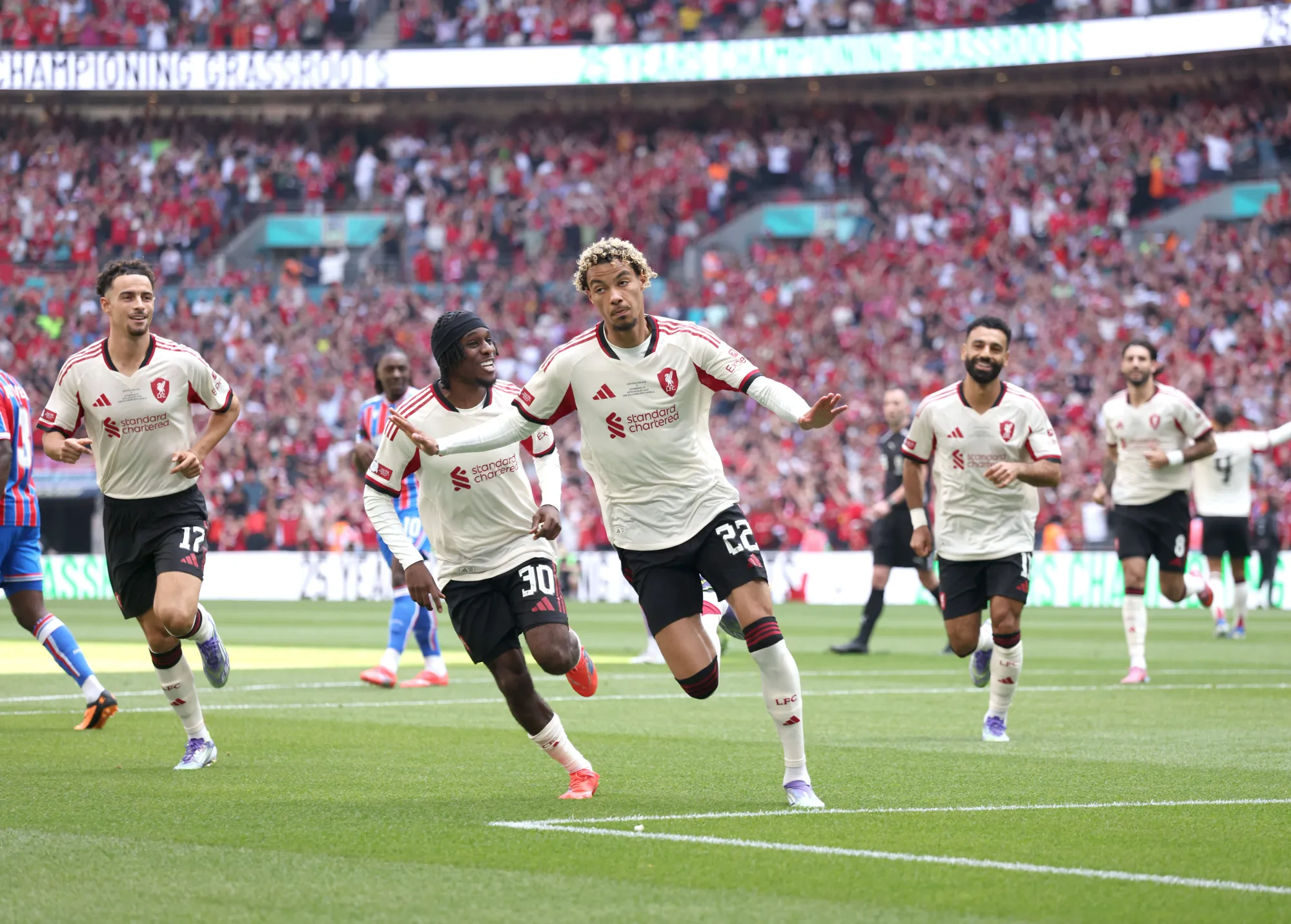 Hugo Ekitike celebrates his first Liverpool goal against Crystal Palace in the FA Cup final at Wembley Stadium