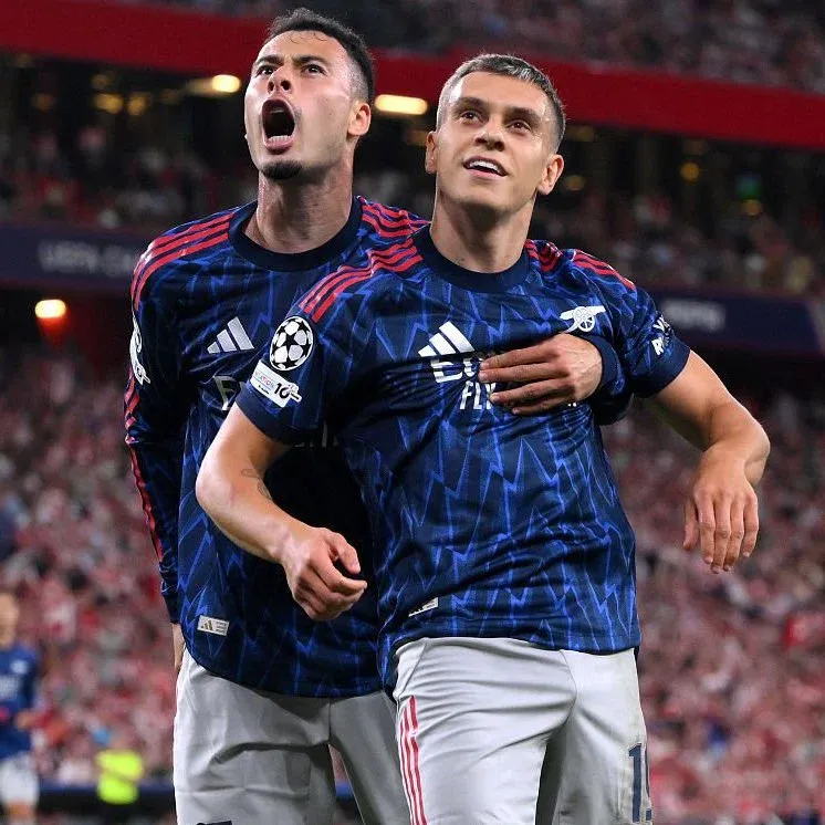 Leandro Trossard and Gabriel Martinelli celebrate Arsenal's second goal in 2-0 win at Bilbao