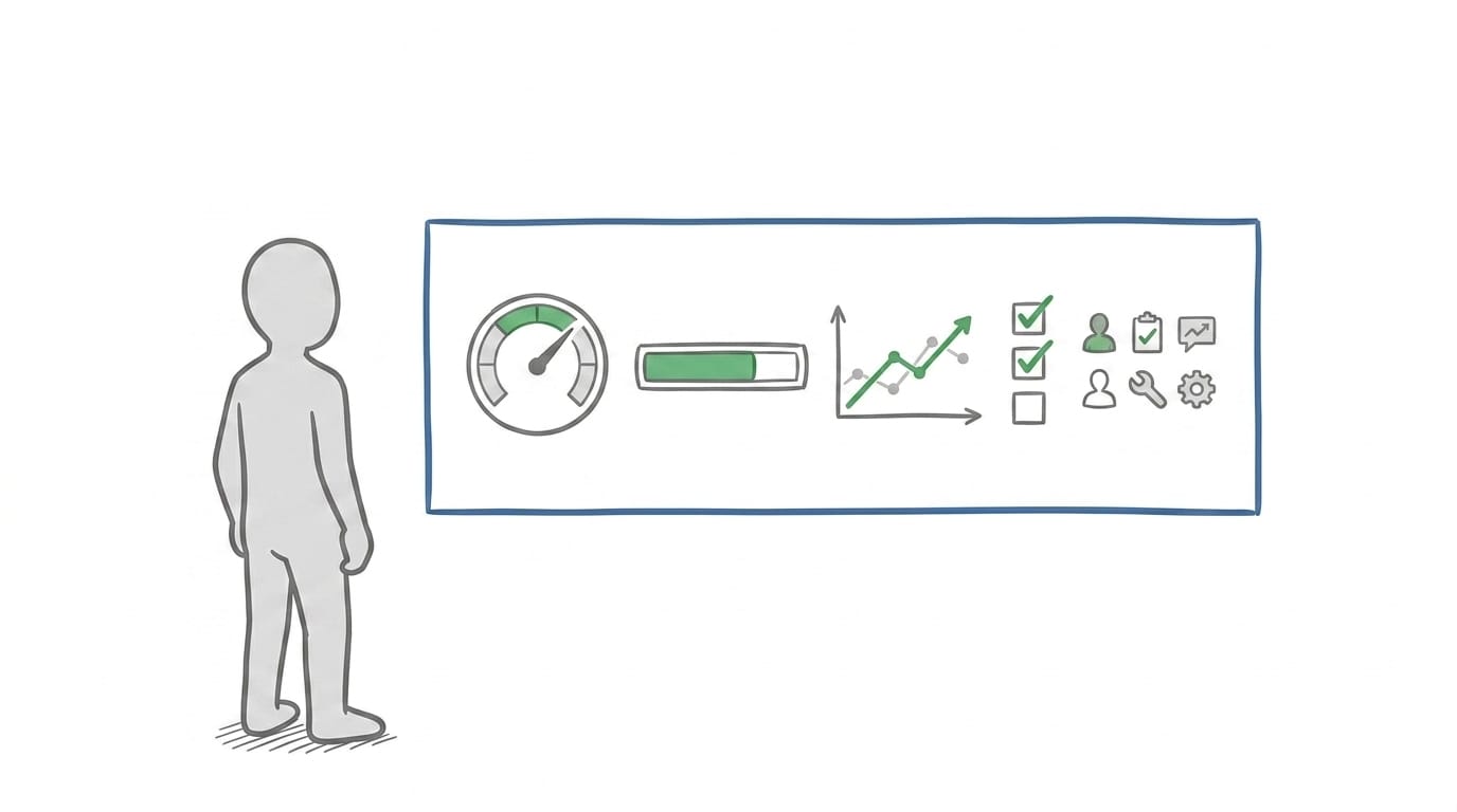 Whiteboard sketch of a silhouette figure standing before a blue-framed dashboard showing five sketched indicators (gauge, bar meter, trend lines, checkboxes, icon row), with green highlights marking in-range readings.